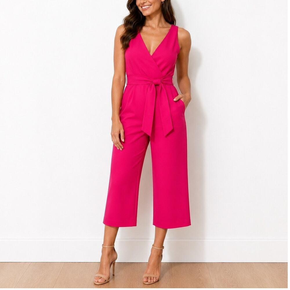 Sam Edelman Hot Pink V-Neck Cropped Wide Leg Tie Waist Jumpsuit 4 Cocktail Party
